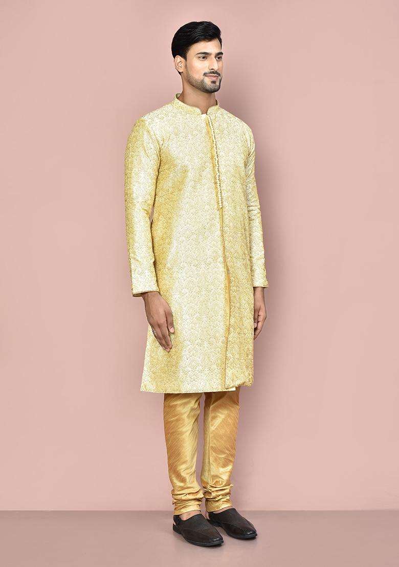 Fawn Embroidered Silk Kurta Set For Men - Indya