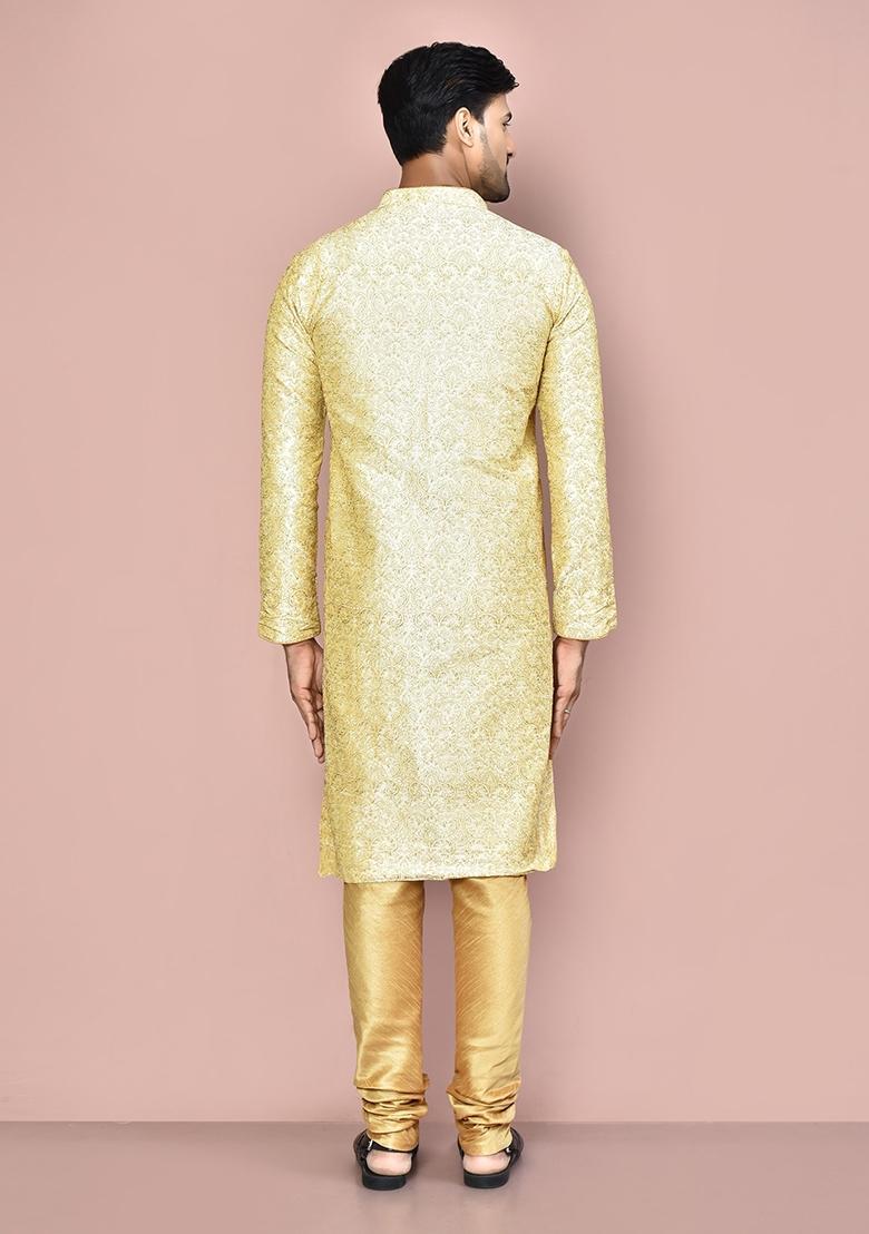 Fawn Embroidered Silk Kurta Set For Men - Indya