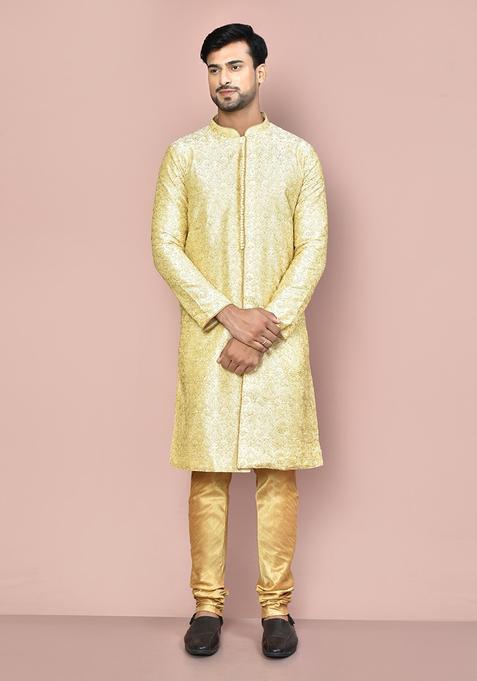 Fawn Embroidered Silk Kurta Set For Men