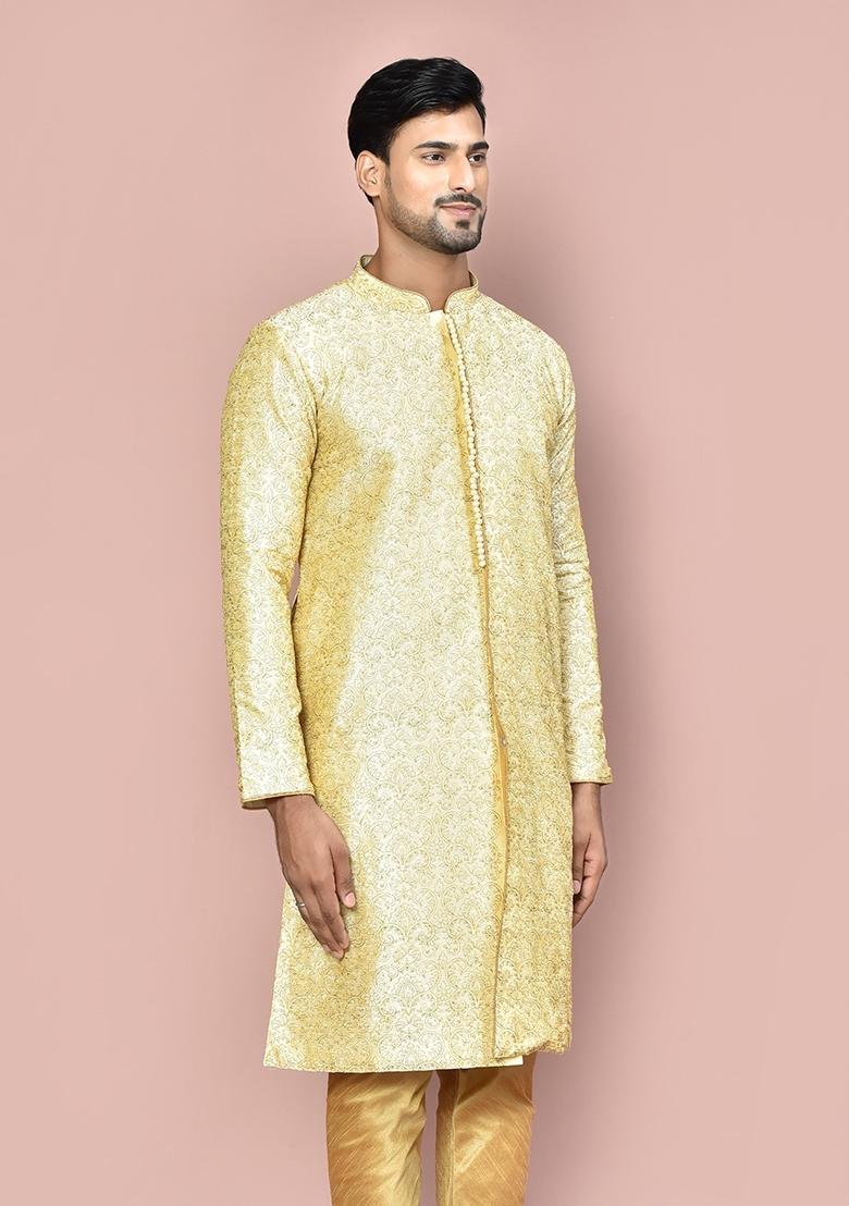 Fawn Embroidered Silk Kurta For Men - Indya
