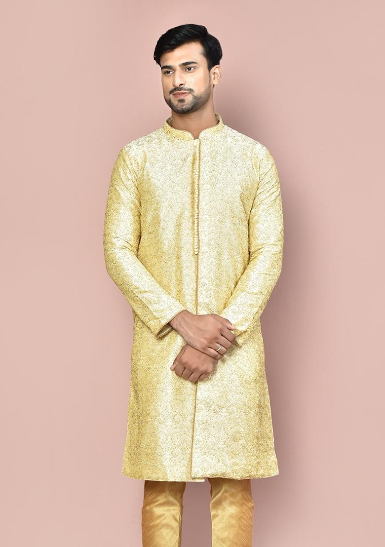 Fawn Embroidered Silk Kurta For Men - Indya
