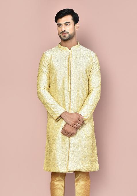 Fawn Embroidered Silk Kurta For Men
