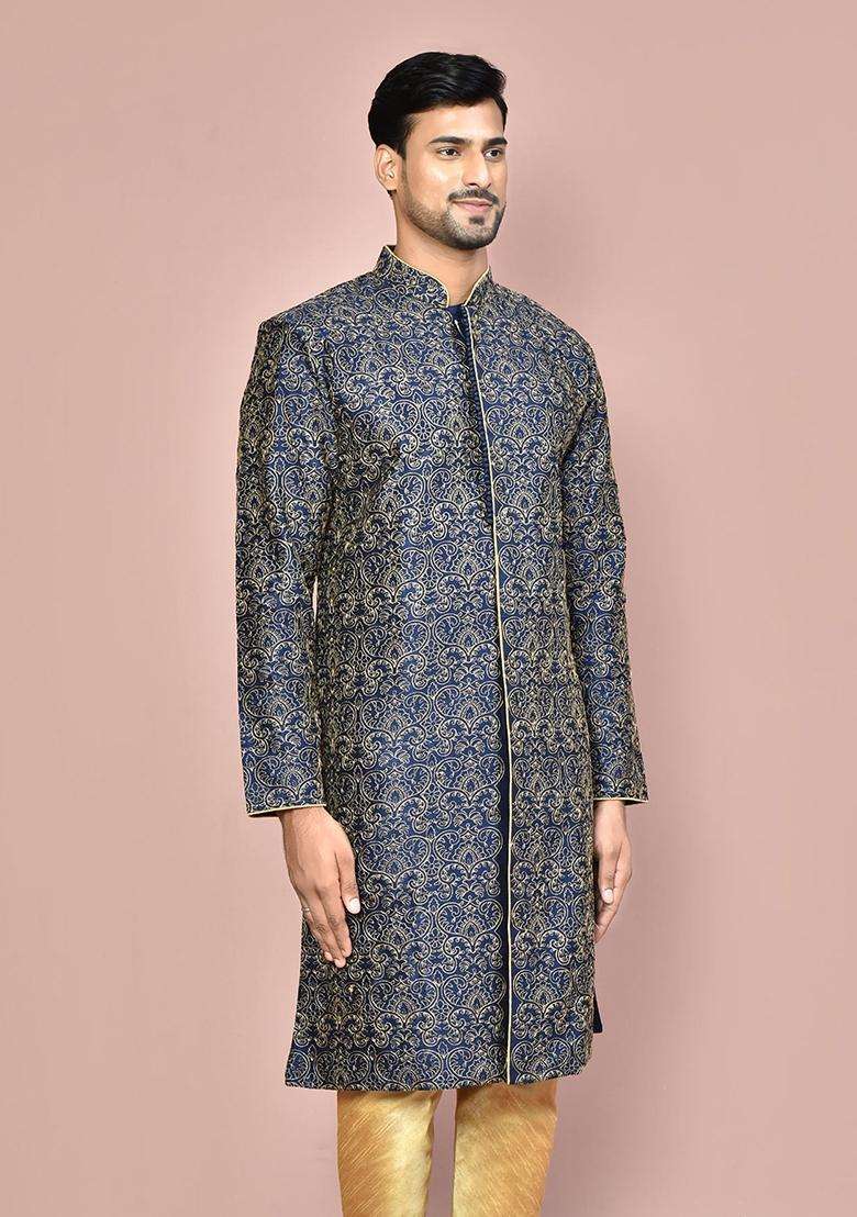 Navy Blue Embroidered Silk Kurta For Men - Indya