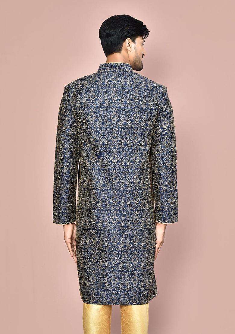 Navy Blue Embroidered Silk Kurta For Men - Indya