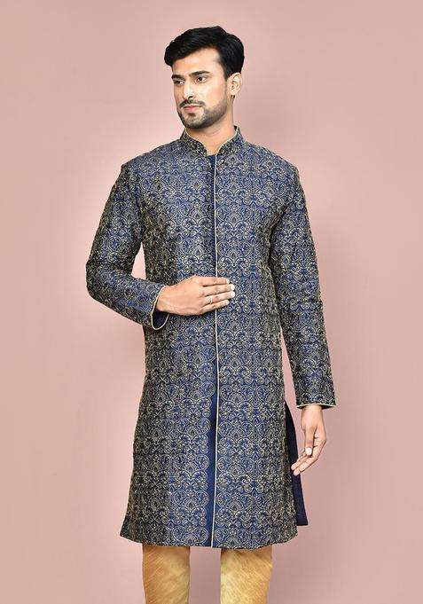Navy Blue Embroidered Silk Kurta For Men