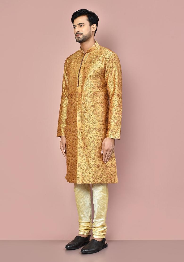 Beige Embroidered Silk Kurta Set For Men - Indya