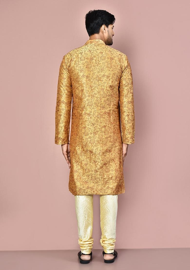 Beige Embroidered Silk Kurta Set For Men - Indya