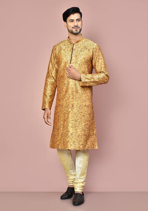 Beige Embroidered Silk Kurta Set For Men