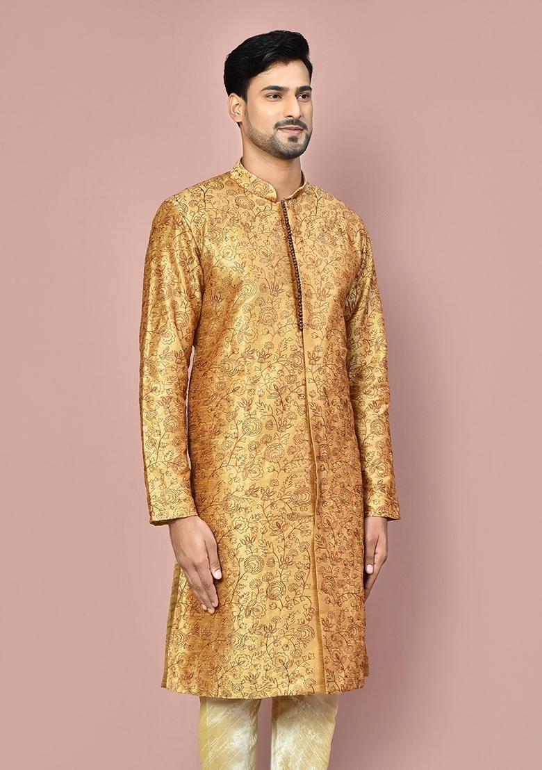 Beige Embroidered Silk Kurta For Men - Indya