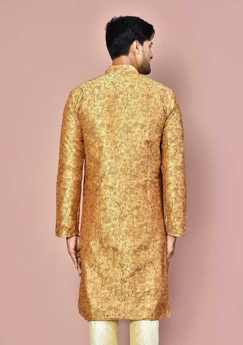 Beige Embroidered Silk Kurta For Men - Indya