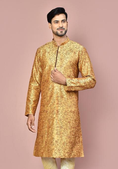 Beige Embroidered Silk Kurta For Men