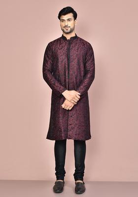 Wine Embroidered Silk Kurta Set For Men