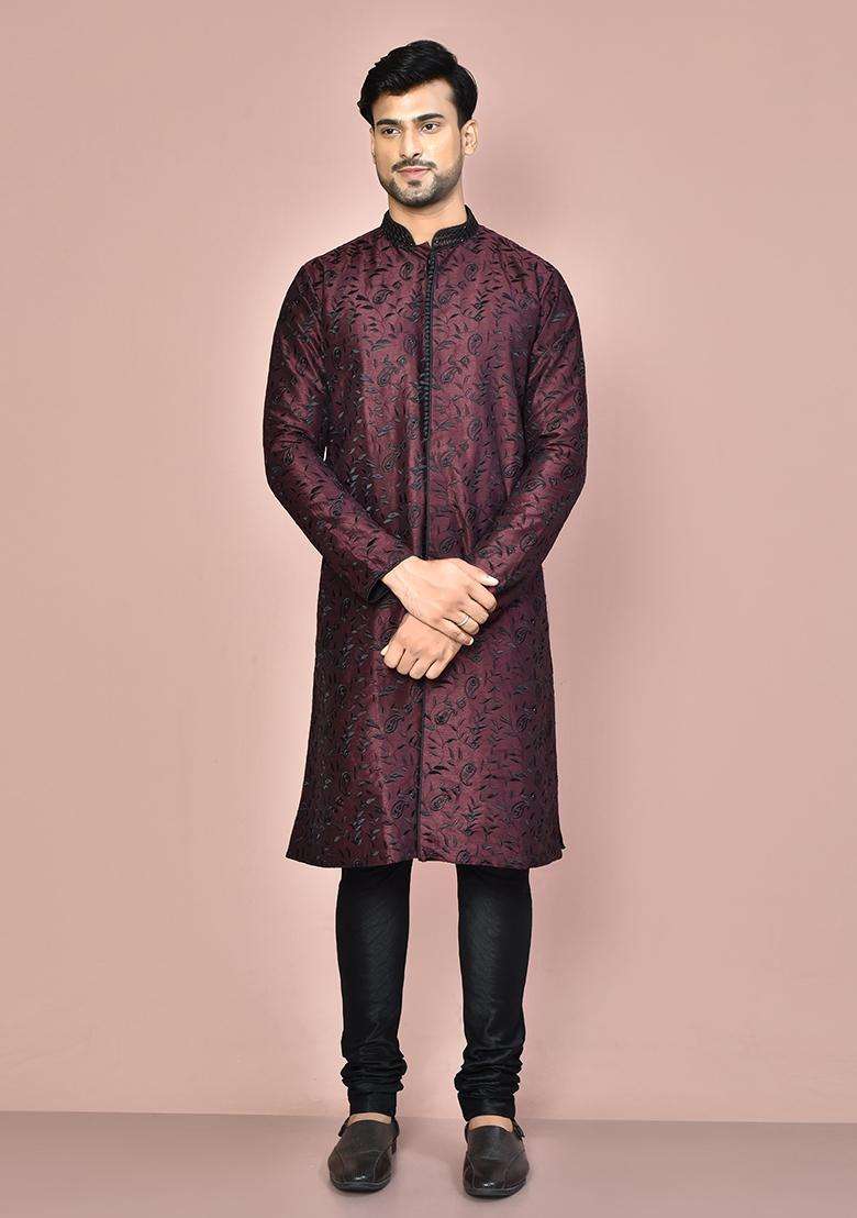 Wine Embroidered Silk Kurta Set For Men - Indya