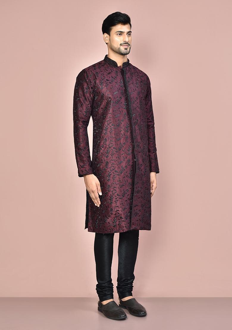 Wine Embroidered Silk Kurta Set For Men - Indya