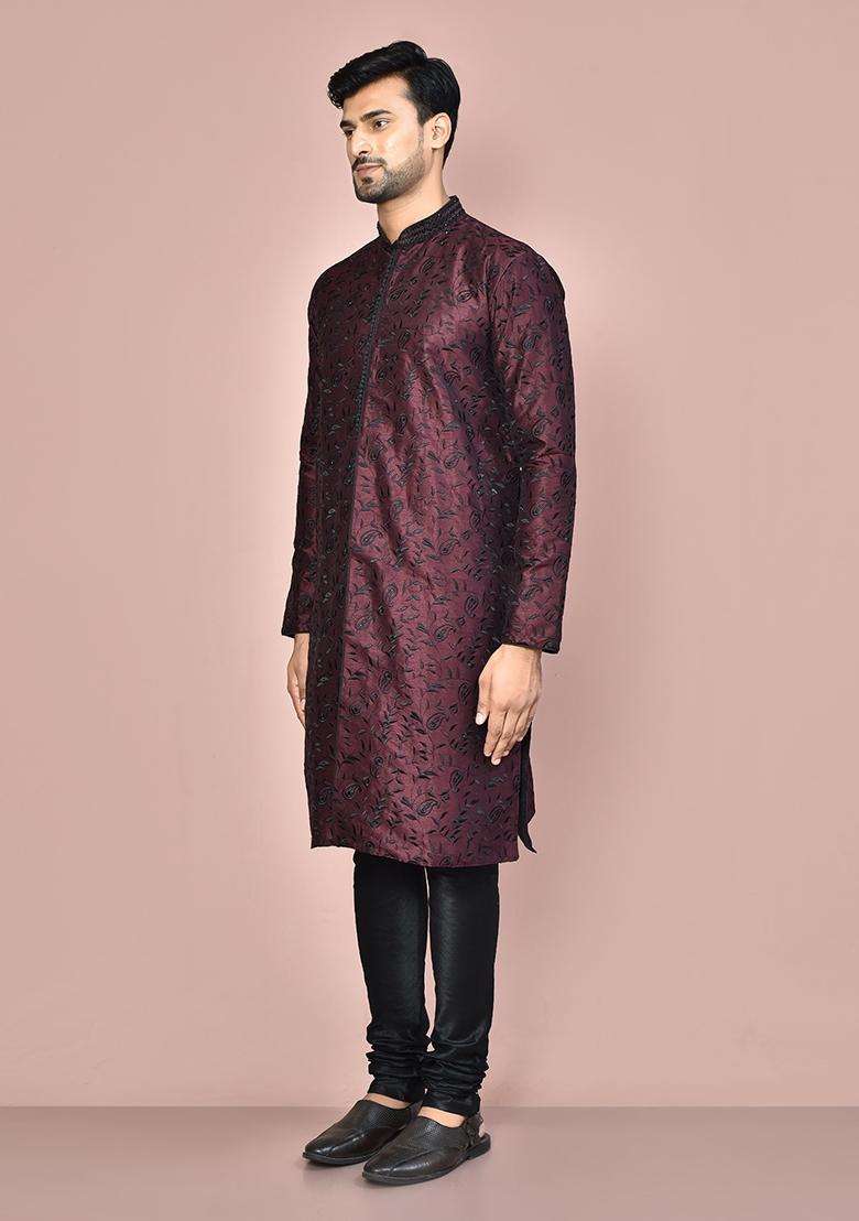 Wine Embroidered Silk Kurta Set For Men - Indya