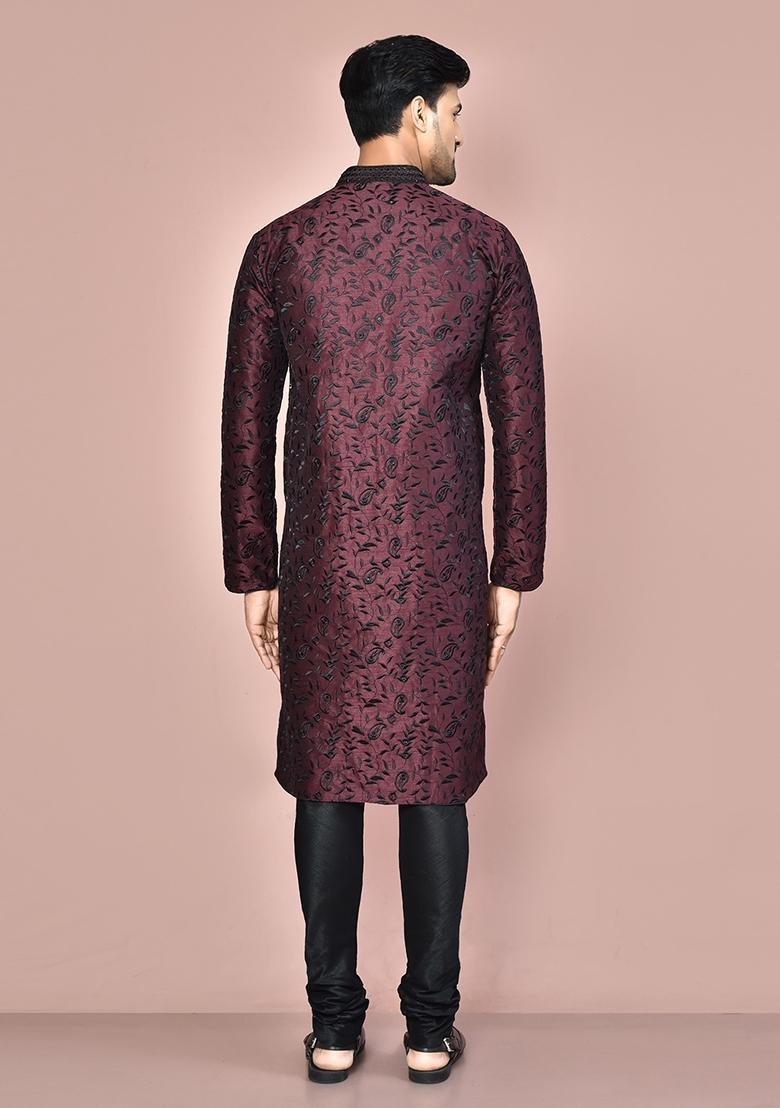 Wine Embroidered Silk Kurta Set For Men - Indya