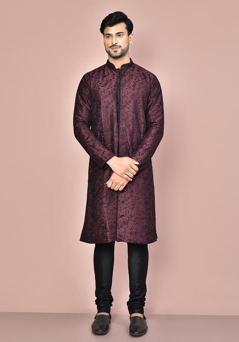 Wine Embroidered Silk Kurta Set For Men