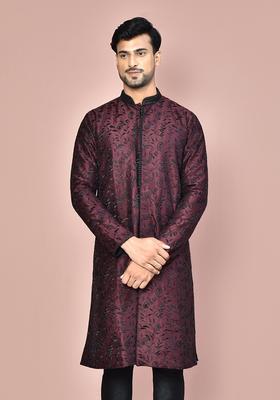 Wine Embroidered Silk Kurta For Men