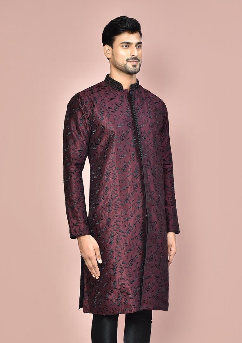Wine Embroidered Silk Kurta For Men - Indya