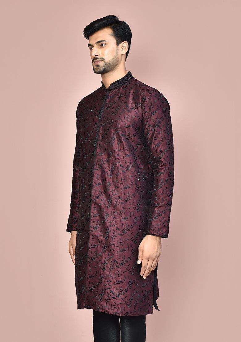 Wine Embroidered Silk Kurta For Men - Indya