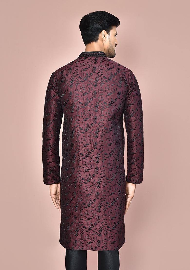Wine Embroidered Silk Kurta For Men - Indya