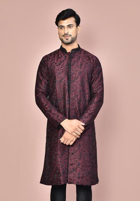 Wine Embroidered Silk Kurta For Men