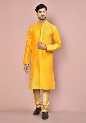 Yellow Embroidered Silk Kurta Set For Men
