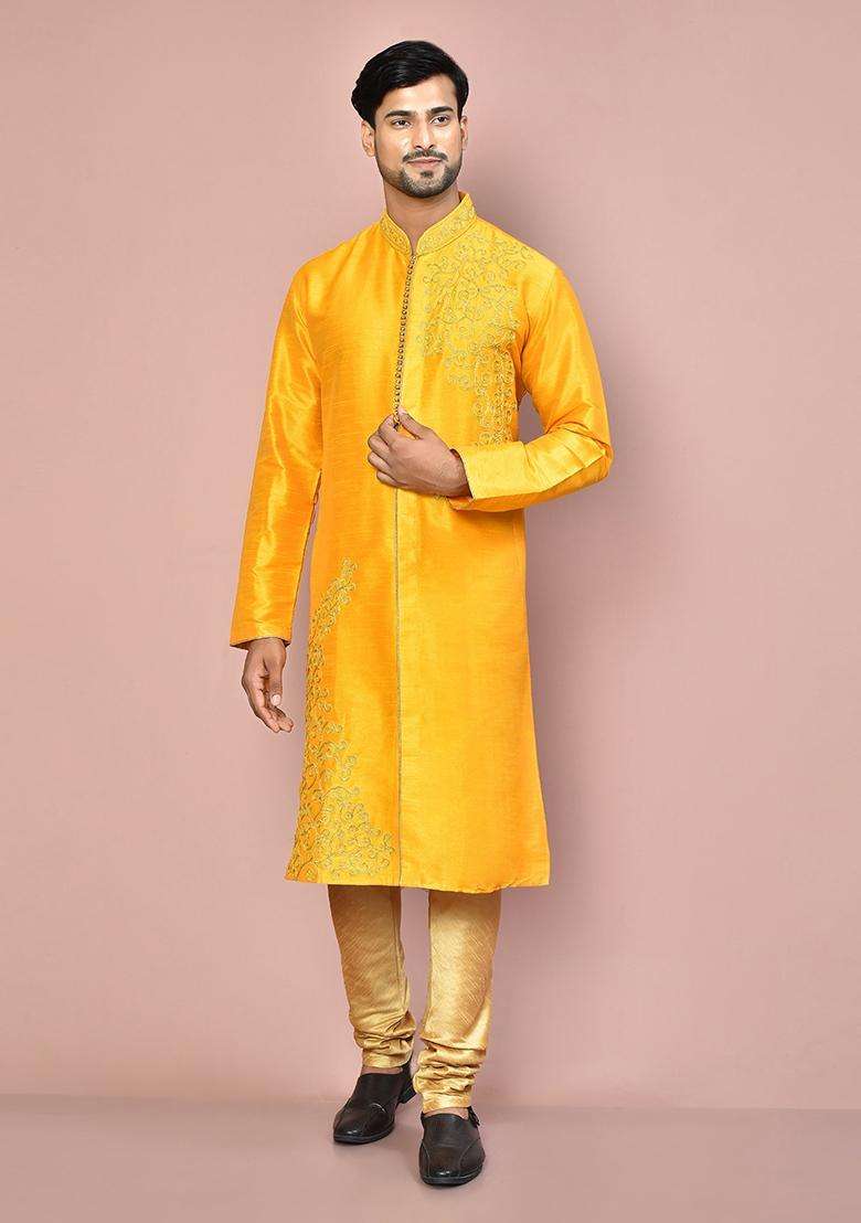 Yellow Embroidered Silk Kurta Set For Men - Indya