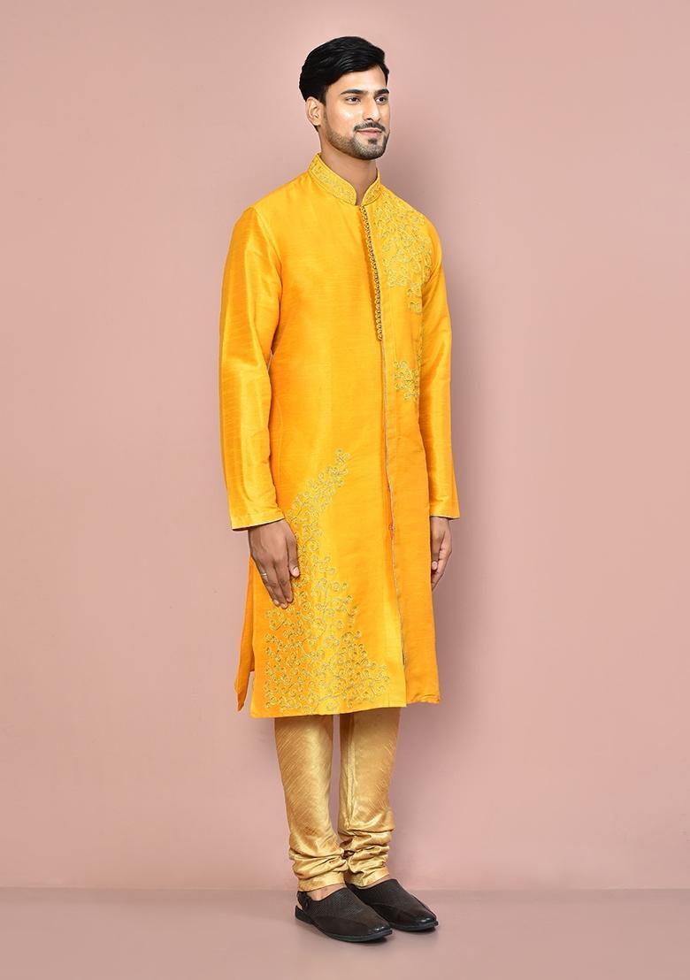 Yellow Embroidered Silk Kurta Set For Men - Indya