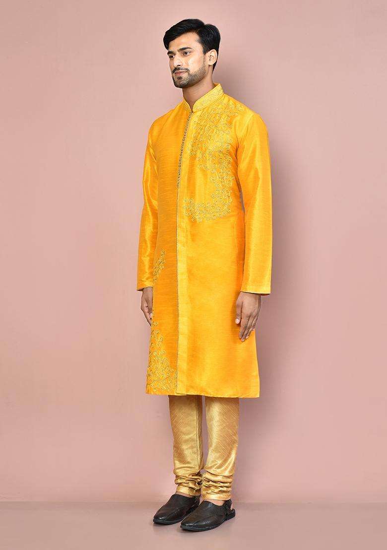 Yellow Embroidered Silk Kurta Set For Men - Indya