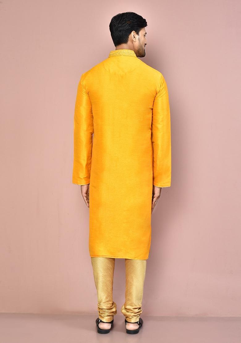 Yellow Embroidered Silk Kurta Set For Men - Indya