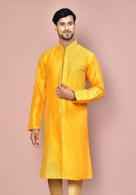 Wine Embroidered Silk Kurta For Men