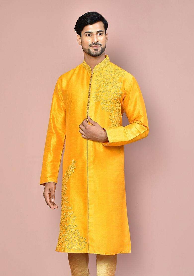 Wine Embroidered Silk Kurta For Men - Indya