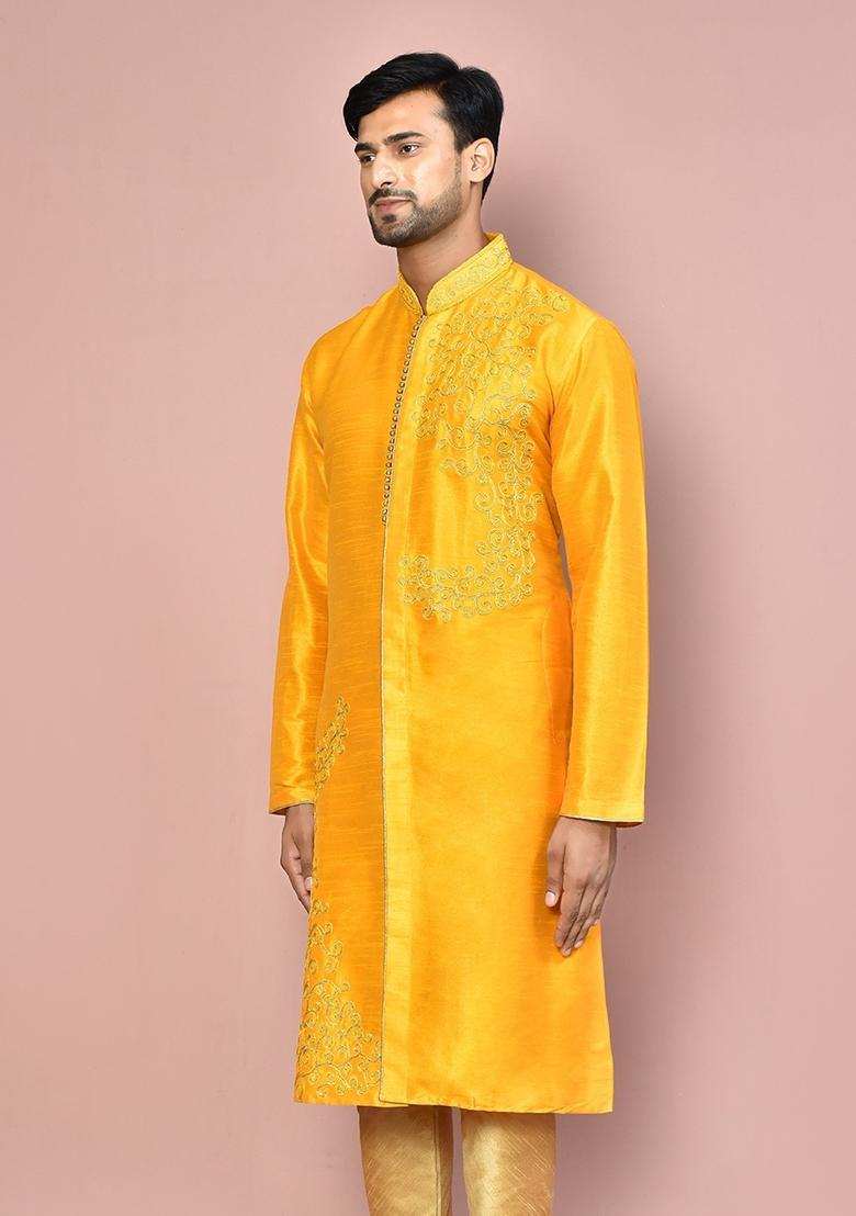Wine Embroidered Silk Kurta For Men - Indya
