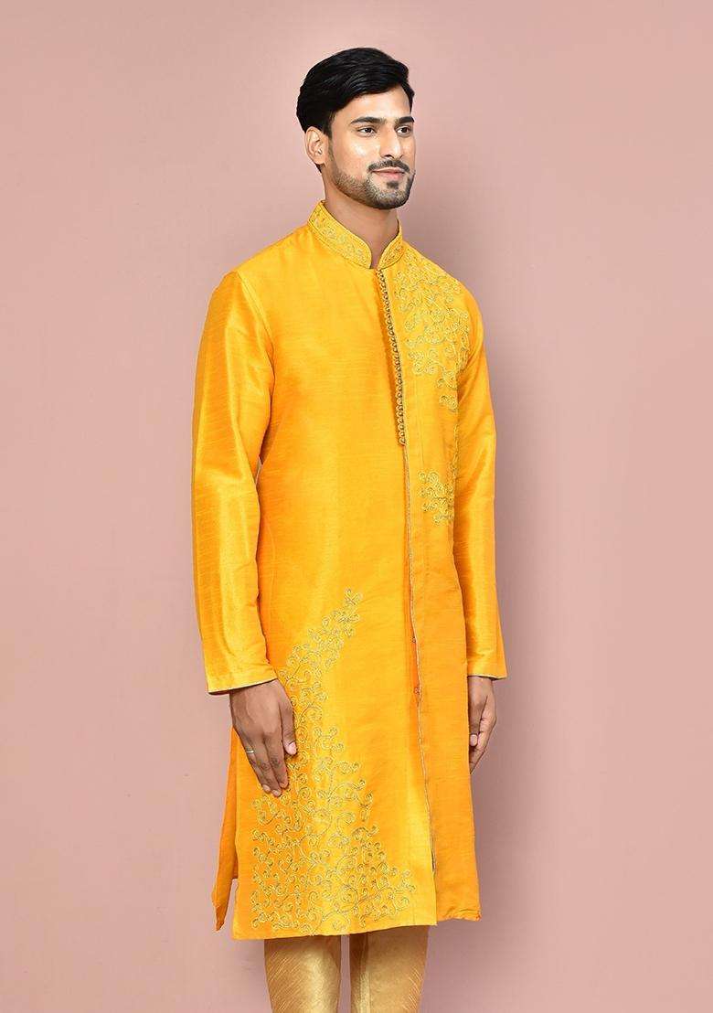 Wine Embroidered Silk Kurta For Men - Indya
