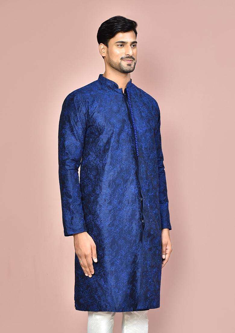 Navy Blue Embroidered Silk Kurta For Men - Indya