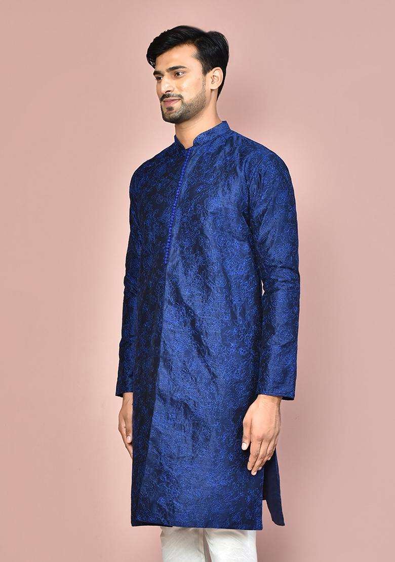 Navy Blue Embroidered Silk Kurta For Men - Indya