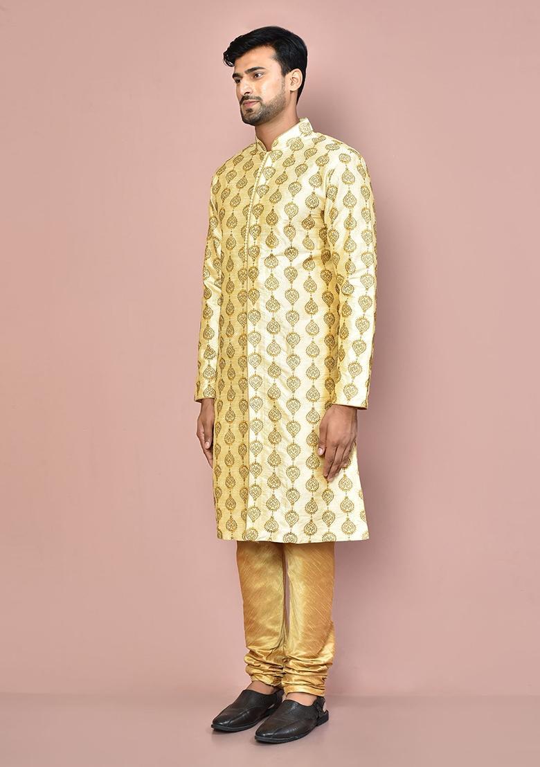 Fawn Embroidered Silk Kurta Set For Men - Indya