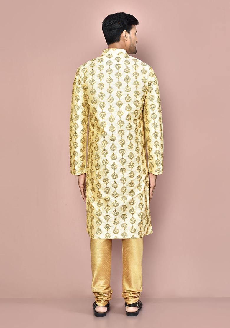 Fawn Embroidered Silk Kurta Set For Men - Indya
