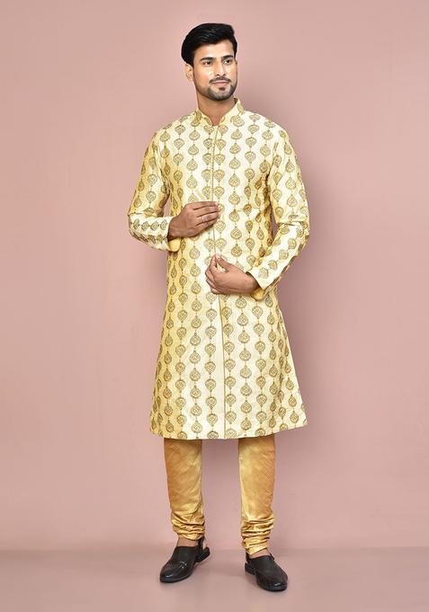 Fawn Embroidered Silk Kurta Set For Men