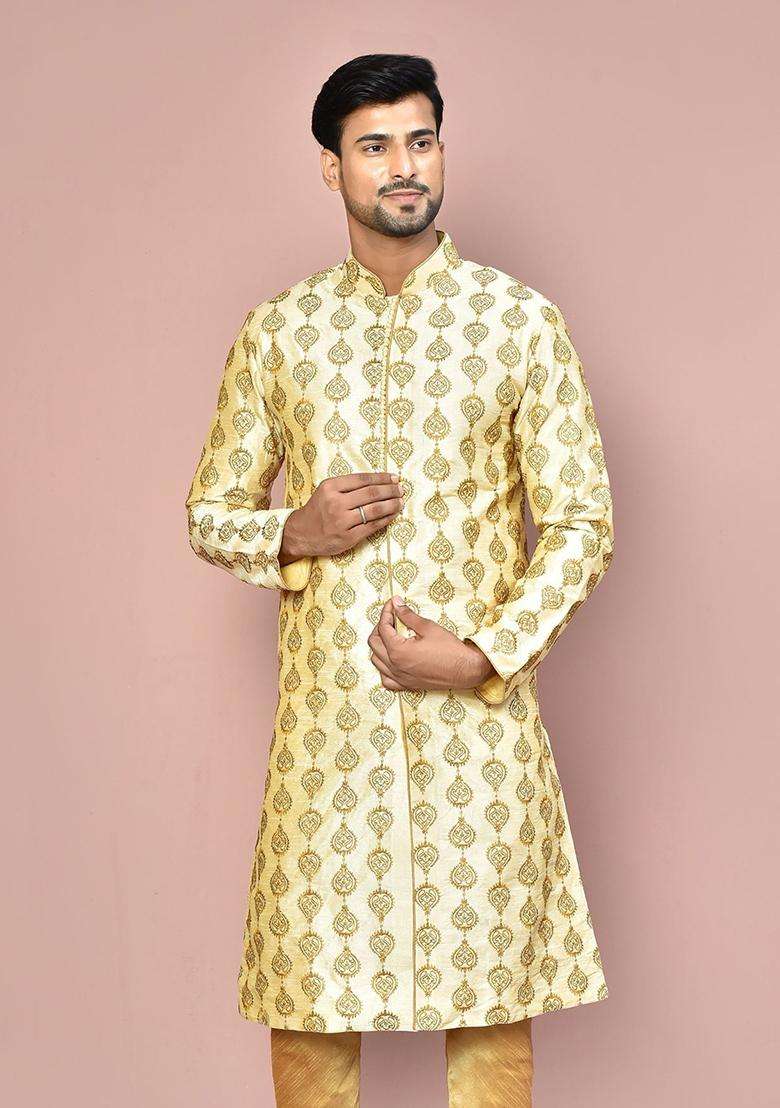 Fawn Embroidered Silk Kurta For Men - Indya