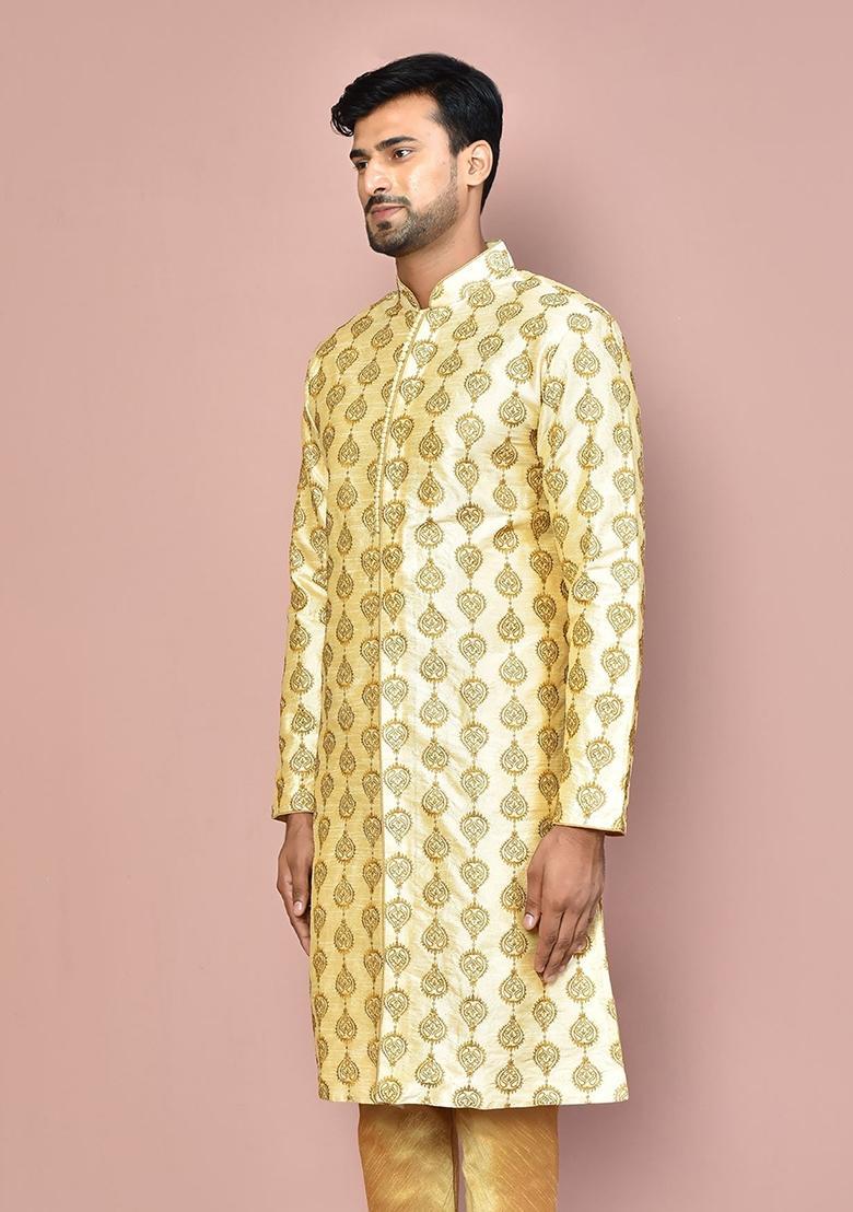 Fawn Embroidered Silk Kurta For Men - Indya