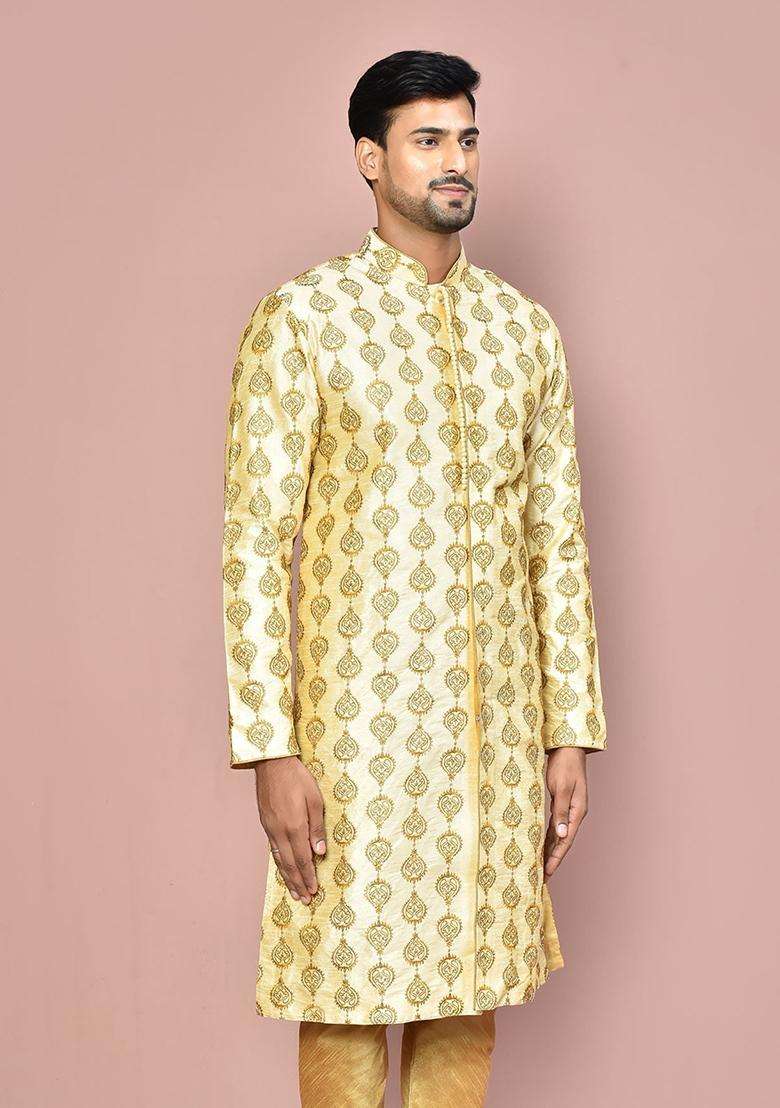 Fawn Embroidered Silk Kurta For Men - Indya