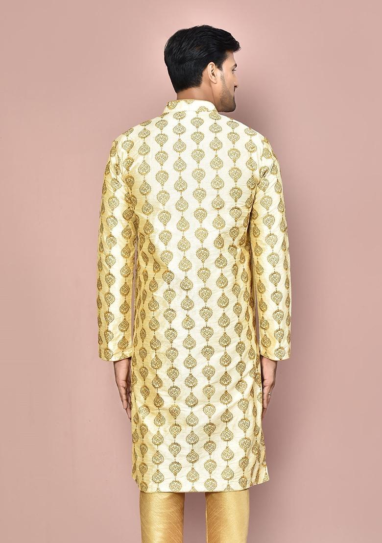 Fawn Embroidered Silk Kurta For Men - Indya