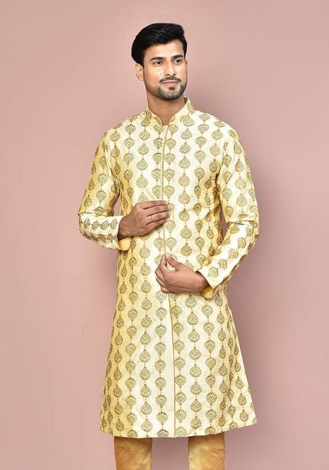 Fawn Embroidered Silk Kurta For Men