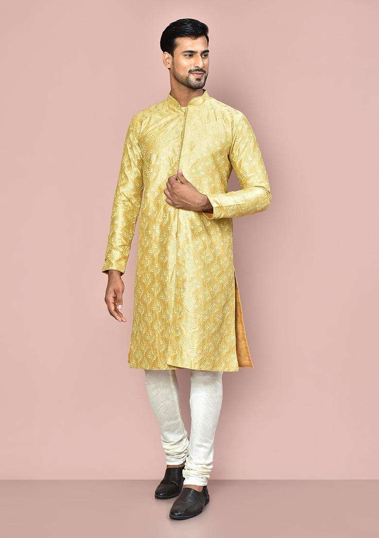 Pista Embroidered Silk Kurta Set For Men - Indya