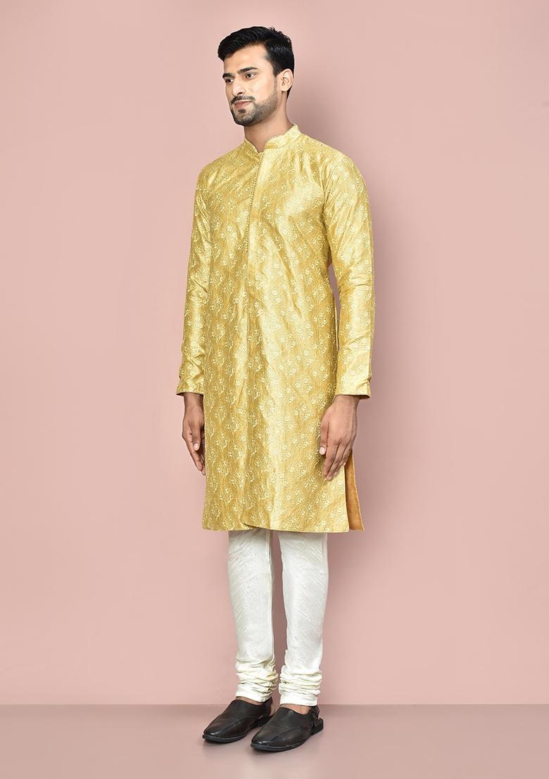 Pista Embroidered Silk Kurta Set For Men - Indya