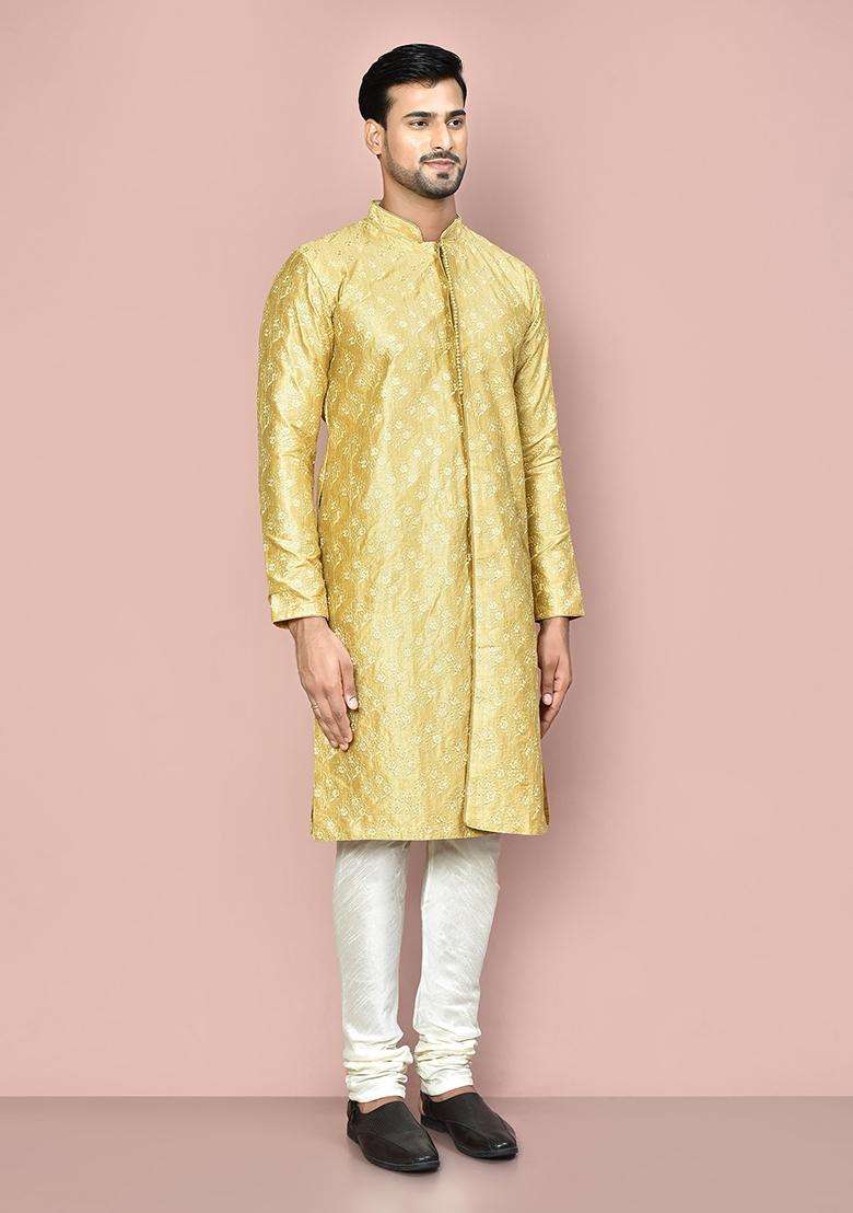 Pista Embroidered Silk Kurta Set For Men - Indya