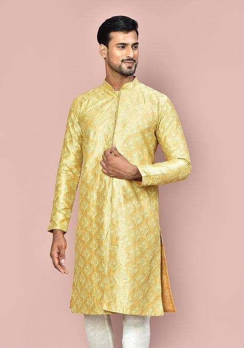 Pista Embroidered Silk Kurta For Men