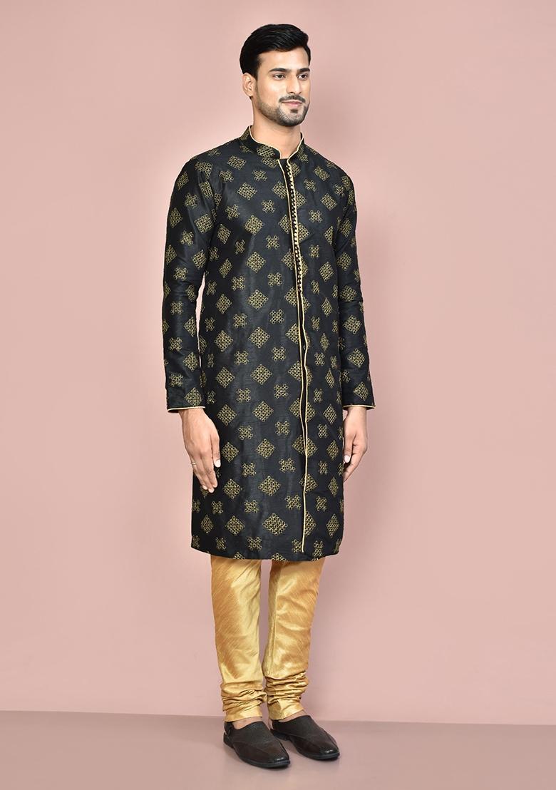 Black Embroidered Silk Kurta Set For Men - Indya